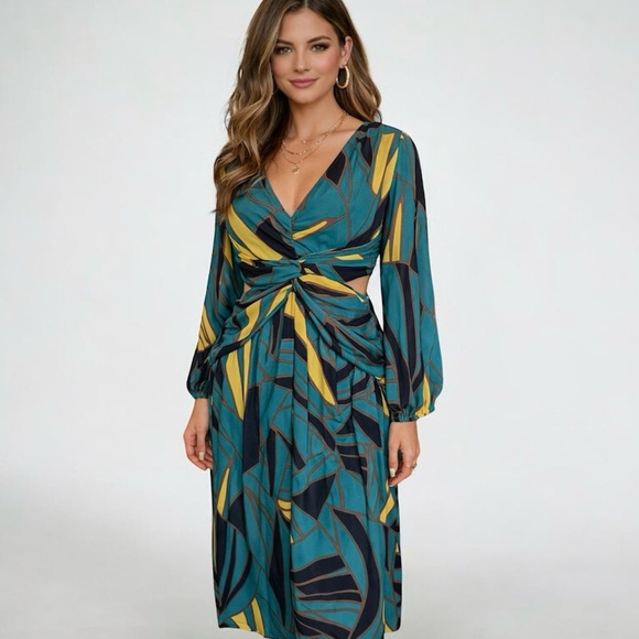 Ranna Gill Floral Cut Out Midi Dress Women’s Size Small Twist Front Open Sides